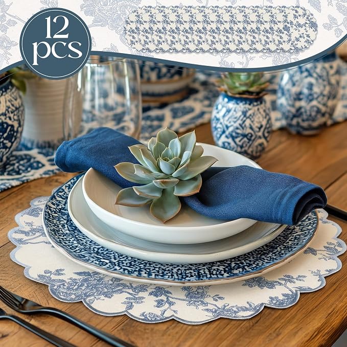 Set of 12 Blue Cotton Placemats 15" Round Scalloped Navy Blue | Double Layered Cotton Fabric, Washable Embroidery, Navy Blue Edge Edge, Rustic Table Mats for Wedding Dining Table Decor