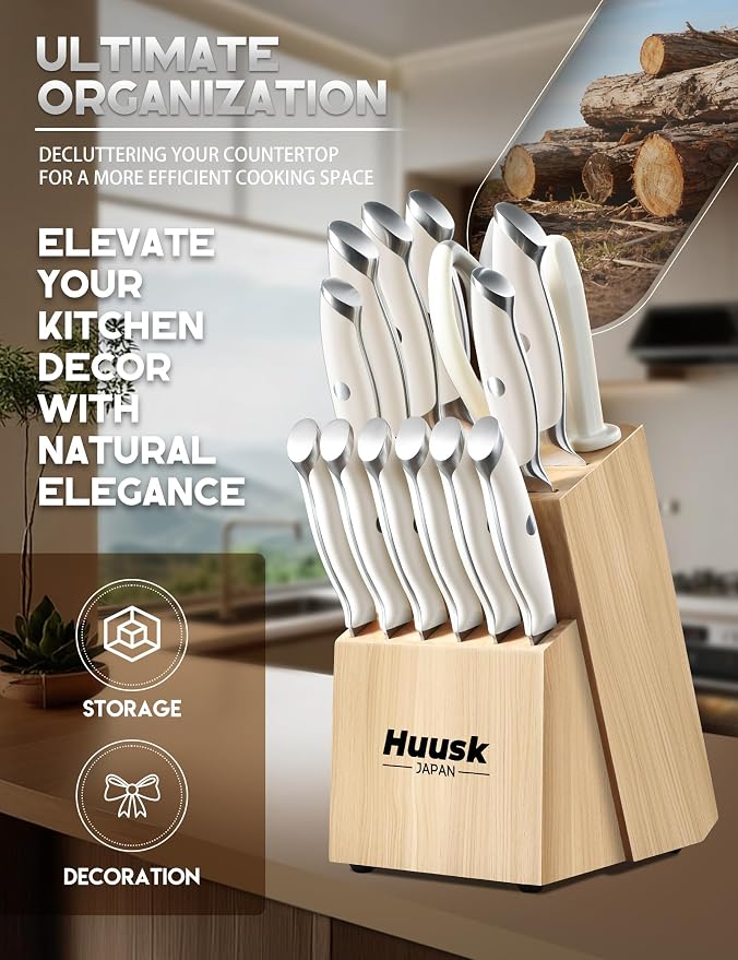 Huusk Knife Set with Block - Chef Knife with Natural Block Ivory White 14PC | Japanese Stainless Steel, Long-lasting Edge, All-in-One for Daily Use, Housewarming Gift for Women Men
