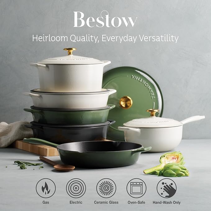 Tramontina Bestow Enameled Cast Iron 5.5-Qt Round Dutch Oven Pot with Lid | Great for Braising, Roasting and Bread Baking - Smoke with Gold Knob