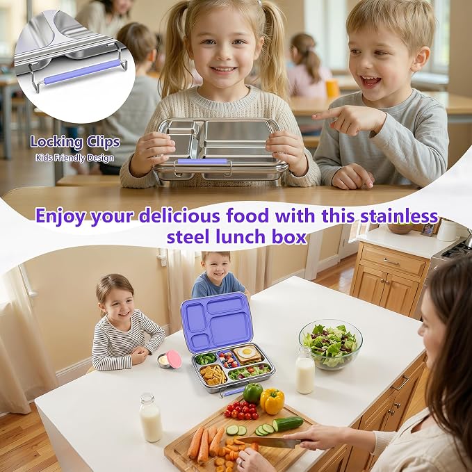 Stainless Steel Bento Lunch Box for Kids & Adults, 4 Compartment Kids Lunch Box, Metal Bento Box with Silicone Container and Stainless Steel Sauce Container,BPA-Free,School,Office(Purple)