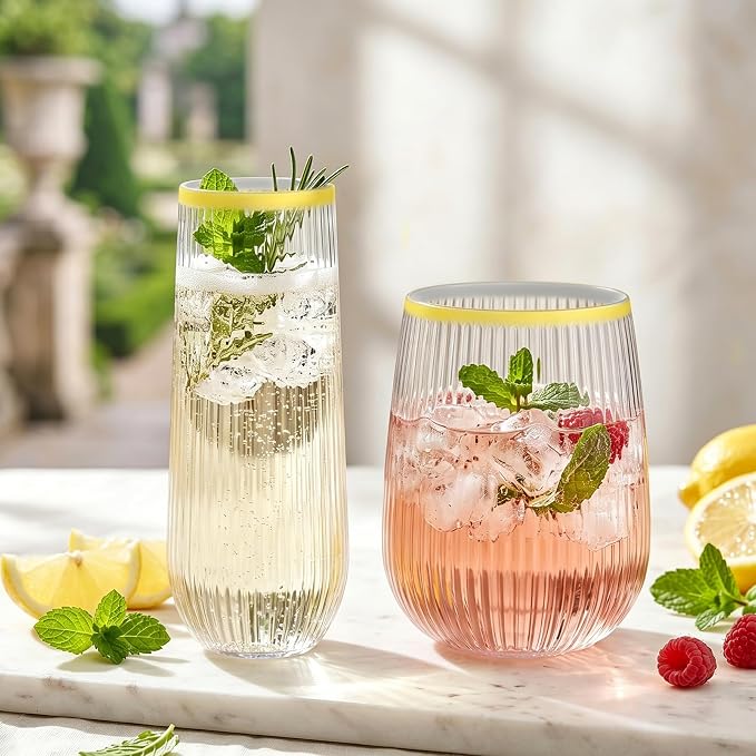 Lueumxc 48 Pack Plastic Wine Glasses Disposable Ribbed Champagne Flutes, 24 Pcs 9 OZ Stemless Champagne Flutes & 24 Pcs 15 OZ Disposable Wine Glasses, BPA-Free