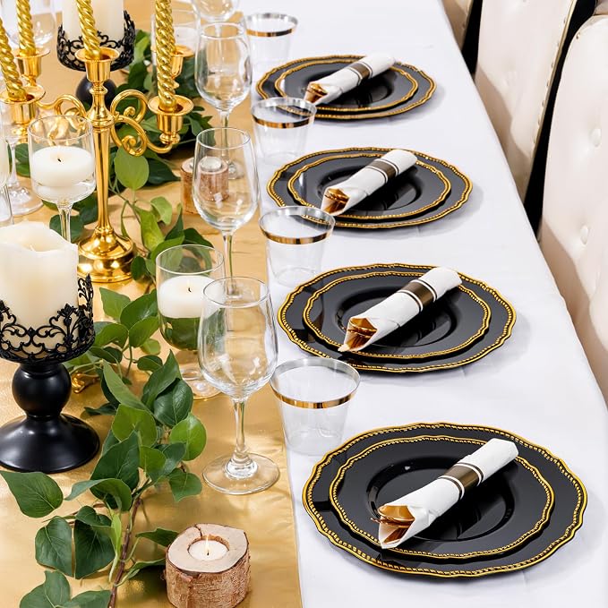 175 Pcs Black and Gold Plastic Plates Wedding & Party | Gold Plastic Dinnerware Set Includes 25 Dinner Plates, 25 Dessert Dinnerware, 25 Cups, 25 Napkins Perfect