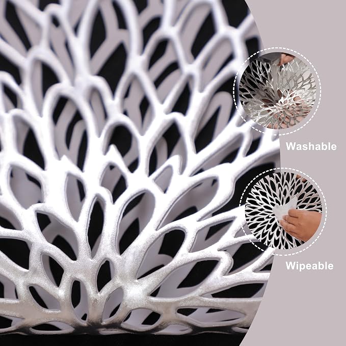 Snowkingdom 18 Pack Silver Placemats Metallic Glitter Vinyl Dinning Table Mats, Decorative Round Leaf Charger Bulk for Winter Thanksgiving Christmas Party Holiday Festive
