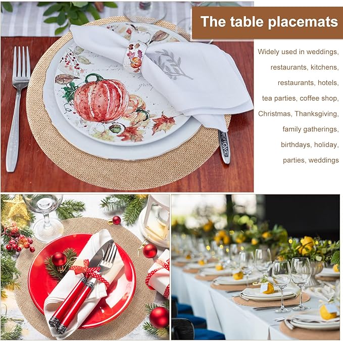 100 Pieces Round Burlap Placemats Bulk 13.78 Inch Reusable Placemats Brown Table Mats Boho Circle Rustic Table Decorations for Wedding Fall Christmas Holiday Farmhouse Party Supplies