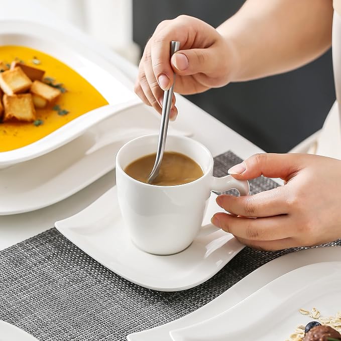 MALACASA 30 Piece Porcelain Dinnerware Set, Ivory White for 6 | Complete with Plates, Bowls, Cups, Saucers, Microwave Oven and Dishwasher Safe Porcelain, Modern Square Design, Service for 6