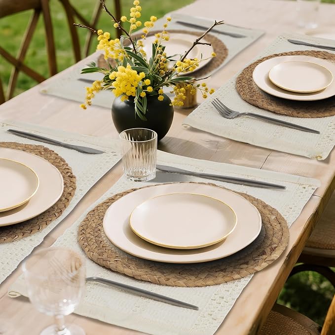 Handmade Boho Placemats Set of 6 | Natural Woven & Fabric Cotton Combo Table Mats | 12-Piece Versatile Place Mats | Rustic Farmhouse Style Dining Table Decor