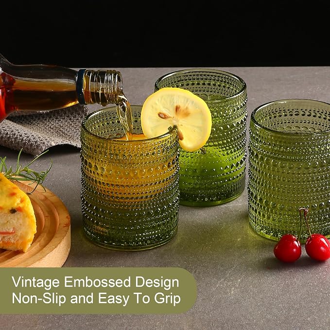 ZMOWIPDL Drinking Glasses Set of 6,12oz Green Hobnail Glass Cups | Vintage Glassware,Embossed Water Tumbler,for Beer,Cocktail,Whiskey,Juice and Various Mixed Drinks- 1 Cleaning Brush
