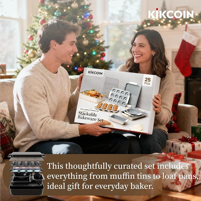 Kikcoin 25-Piece Nonstick Baking Pans Set with Large Turkey Roasting Pan, Stackable Bakeware Set, 450°F Oven Safe Baking Sheet Set with Silicone Handles, Carbon Steel Cookie Sheets for Baking, Black