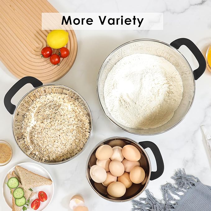 Stainless Steel Mixing Bowls: Stackable Mixing Bowl Set with Lids and Handles Non-slip Silicone Bottom Nesting Bowls for Kitchen Set of 3 - Black