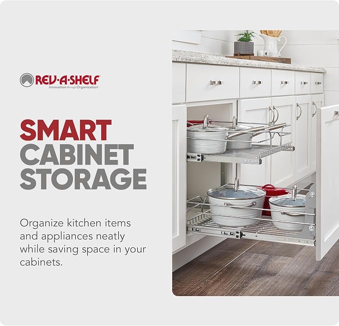 Rev-A-Shelf Pullout Organizer for Cabinets, Min Opening Width of 24" | Two-Tier Steel Shelf for Kitchen or Vanity Cabinet Organization, Heavy Gauge Wire Slide Out Storage Basket, 5WB2-2422-CR-1