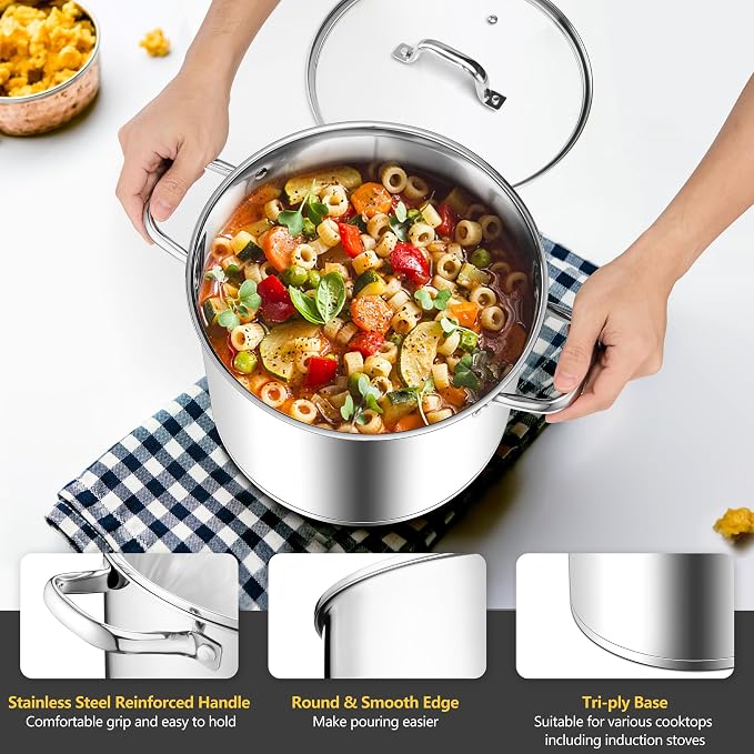 Homikit Stainless Steel Stock Pot, 24 Quart Large Stockpot Soup Pot with Lid, Tri-ply Bottom Cookware for Induction Gas Various Stovetops, Seafood Sauce Canning Cooking Pot for Large Group and Events