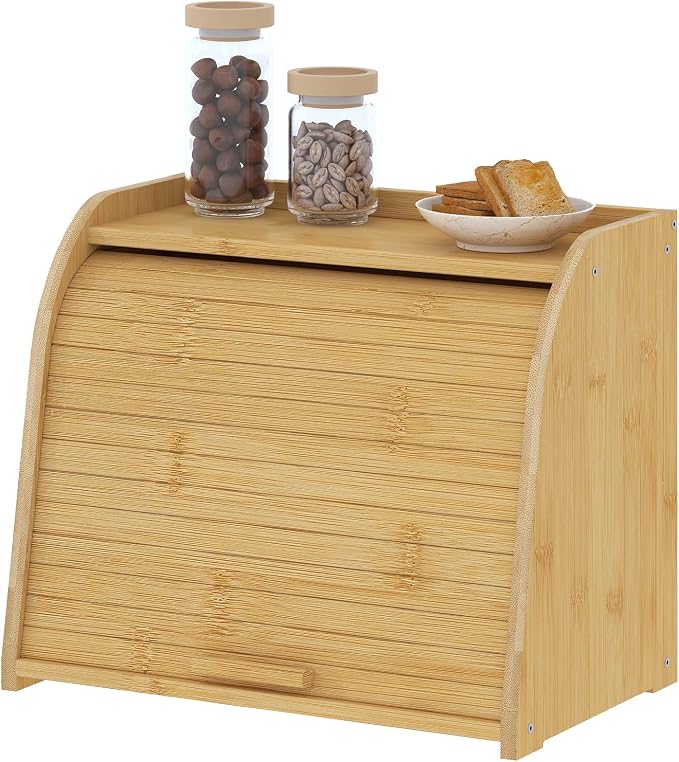 Kitsanery Bread Box for Kitchen Countertop, Bamboo Bread Storage, Double-Layer Roll-Top Bread Container, Farmhouse Bread Holder for Homemade Bread (Natural, double layer)