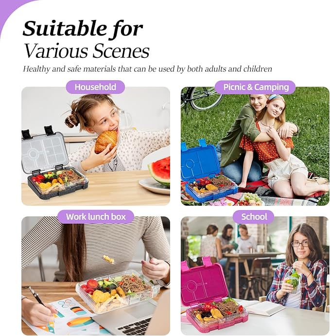 Bento Lunch Box for Kids, 5/6 Compartments, Shiny Purple and Clear | Dishwasher Safe Back to School Snack Bento Lunch Containers Boxes, Ideal Portion Sizes for On-the-Go Meal, Ages 3+, School