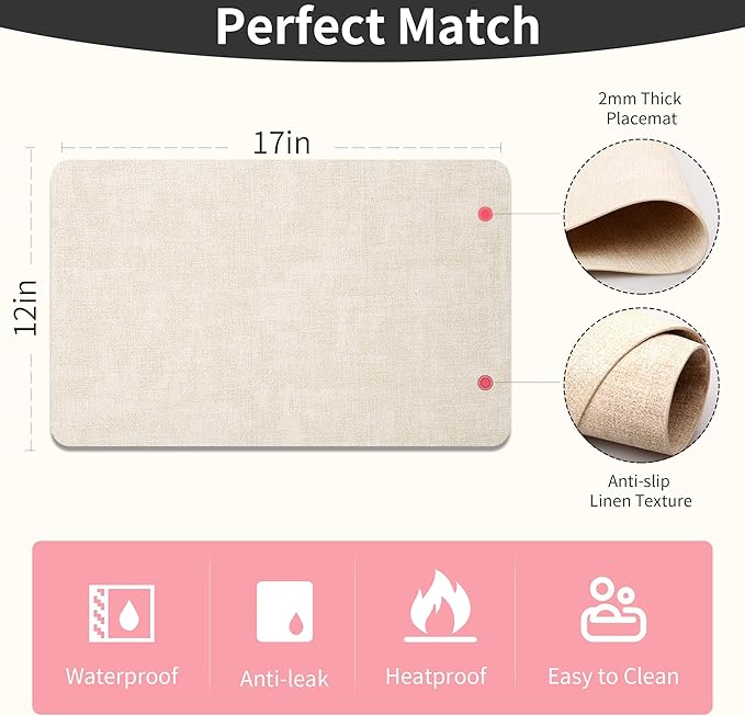 Maxpearl Faux Leather Placemats Set of 8, Easy to Clean, Beige | Waterproof - Heat Resistant - Non Slip - Wipe Clean Dining Table Place Mats, Suitable for Indoor & Outdoor Use, 17''×12''