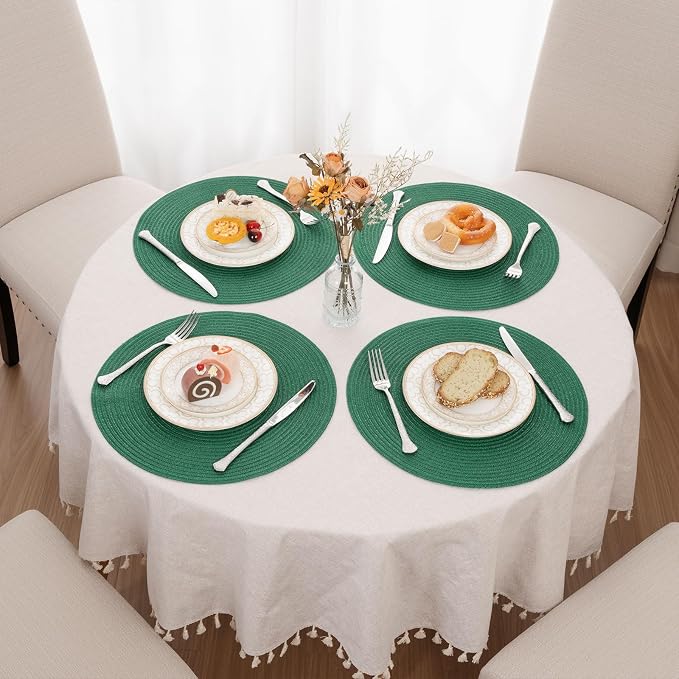 SHACOS Dark Green Round Placemats Set of 6 Cotton Polyester Braided 15 inch Washable Kitchen Dining Table Place Mats Christmas Table Mats for Home Wedding Party Decor