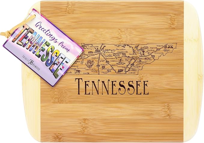 Totally Bamboo A Slice of Life Tennessee Engraved Map Cutting Board | 11” x 8.75” charcuterie board with engraved state map artwork. Smooth reverse side for food prep. Hang tie for wall display.