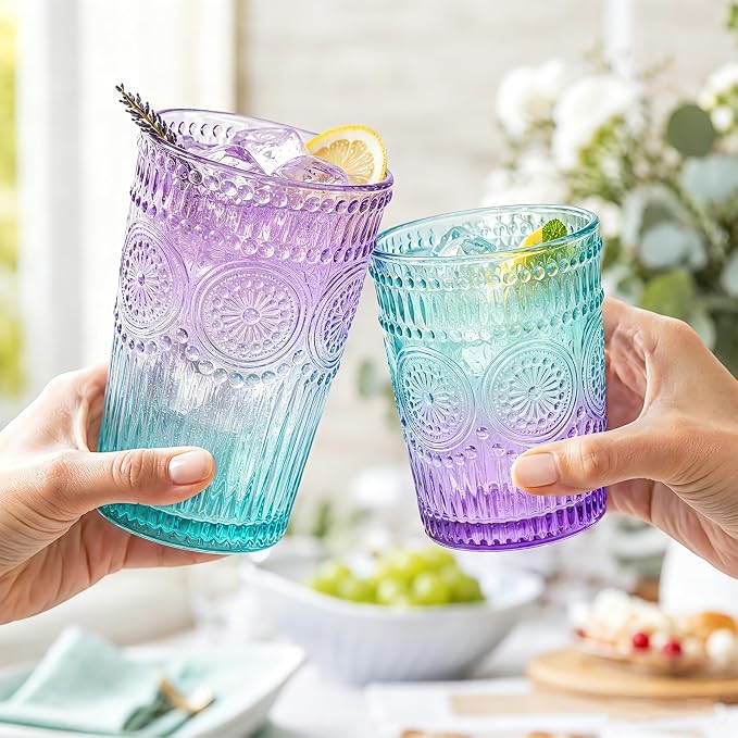 Loivttvv 12pcs Vintage Glassware Drinking Glasses Set, 12oz Highball Glasses & 9oz Embossed Ribbed Glass Cups for Cocktail, Water, Juice, Coffee (Blue & Purple)
