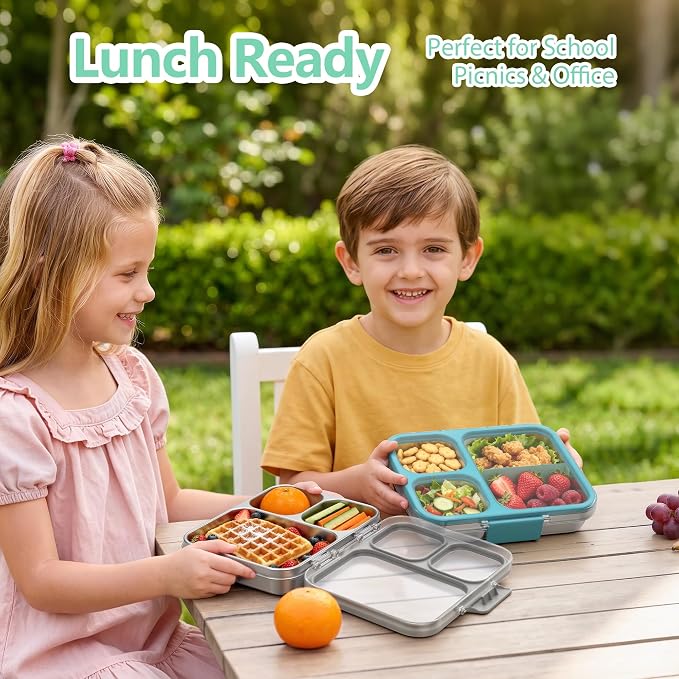 HOMEKOL Stainless Steel Bento Lunch Box 3-Compartment, 4.2Cups, Grey | Leak-Proof Metal Lunch Container for Kids & Adults, BPA-Free, Dishwasher Safe, Clear Tritan Lid, 1000ml (Not Insulated)