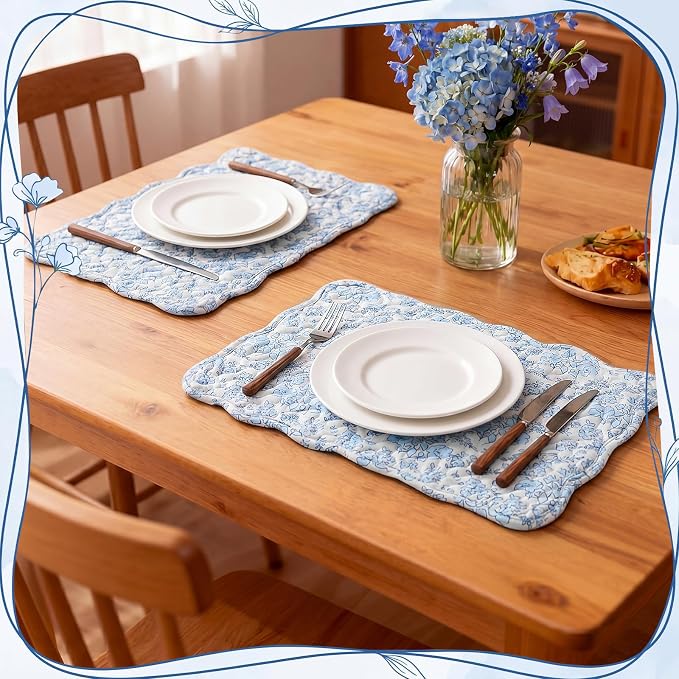 Quilted Placemats Set of 6, 18" x 13" Large Scalloped Cotton Placemat Washable Cloth Flowers Table Mats for Summer Party Kitchen Dining Farmhouse Cottagecore Decor(Blue Flower)