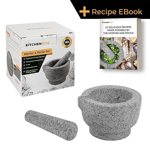Granite Mortar and Pestle Set – Guacamole Bowl Traditional Molcajete, Large 15Fl Oz 2 Cup Capacity, Natural Stone Grinder with Pouring Spout + Bonus Recipe Ebook, Anti Slip Pad, Organic Cleaning Brush