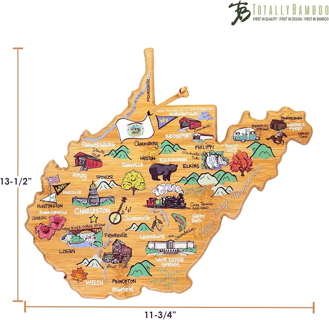 Totally Bamboo West Virginia State Shaped Cutting Board, Art by Fish Kiss | State charcuterie board with colorful hand-drawn map artwork. Smooth reverse side for food prep. Hang tie for wall display.