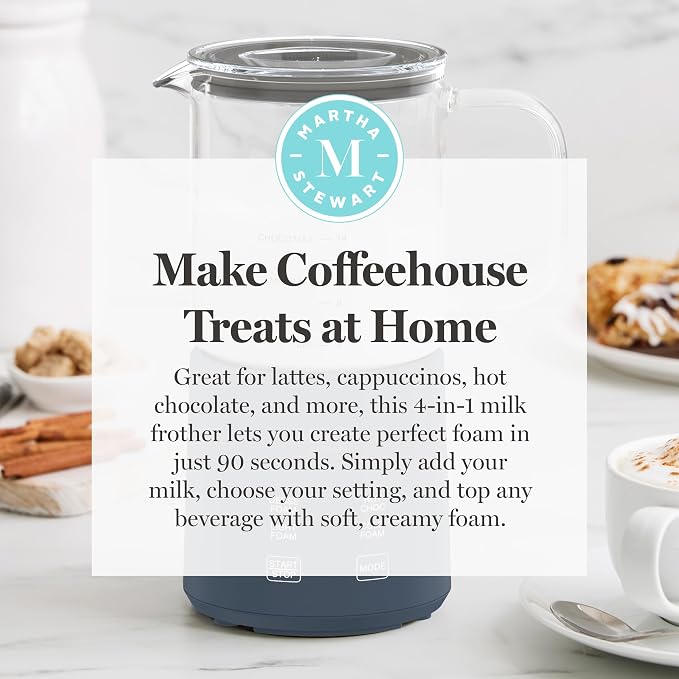 Martha Stewart 10oz Milk Frother & Steamer, 4 Presets, 300ml Glass Pitcher | Light, Dense, Cold Foam & Hot Chocolate, Ready in 90 Seconds, Cordless Pouring, Runs Quiet, Almond, Soy & Oat Milk, Indigo
