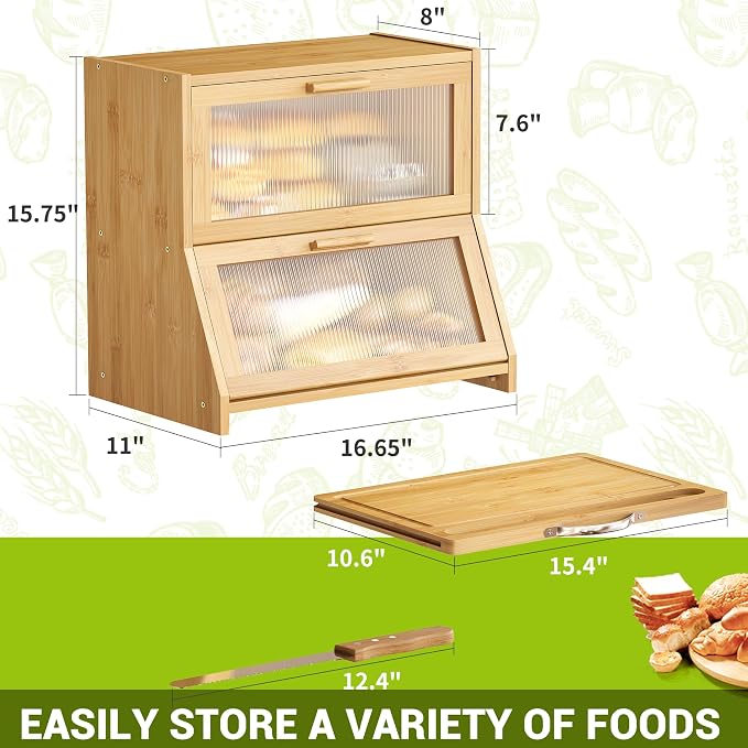 BMOSU Double-Layer Large Bread Box with Cutting Board for Kitchen Countertop Bread Box With Frosted Glass Window Bamboo(Natural)