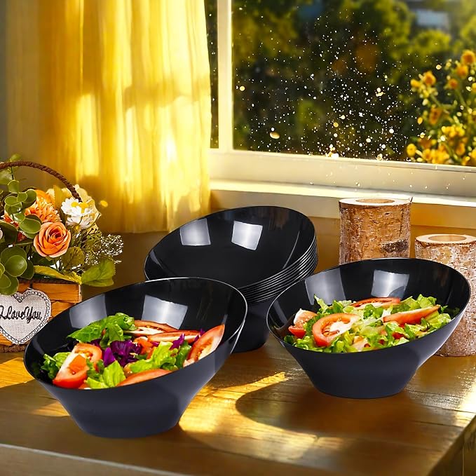 bUCLA 12 Pack Black Plastic Serving Bowls - 20 OZ Angled Bowls Disposable for Chip,Candy,Salad and Fruit - Ideal for Wedding, Party & Graduation