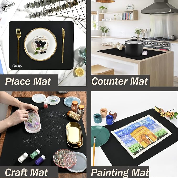 Extra Large Silicone Mat Kitchen Counter Heat Resistant Table Mat 36" x 24" | Place Mats, Countertop Protector , Thick Placemats Washable Silicone Mats for Kitchen Counter Dining Table Mat, Black , Sapid