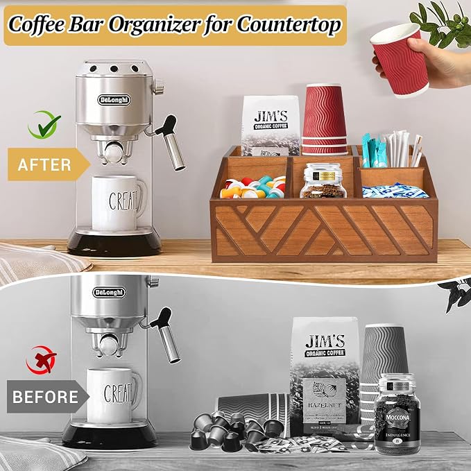 ugiftt Coffee Station Organizer for Counter, Wood Pods Holder Storage Basket, Tea Condiment Storage Organizer, Rustic Coffee Bar Decor for Accessories Organizer