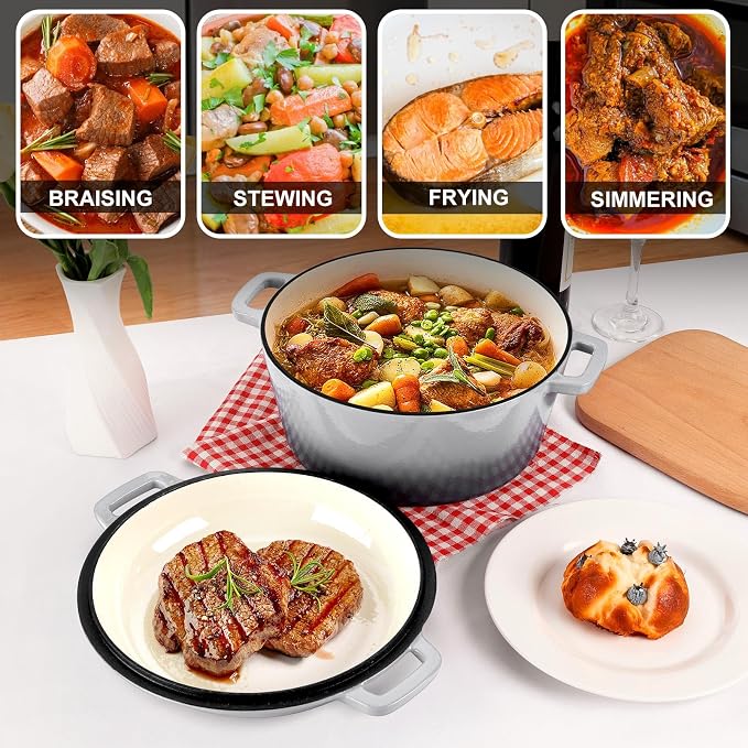 P&P CHEF 2 In 1 Gray Dutch Oven Pot with Lid for Bread Baking, 5Qt | Cast Iron Bread Dutch Oven, Skillet & Pot for Roasting Braising Stewing Frying Simmering, Multi Stoves & Oven Safe