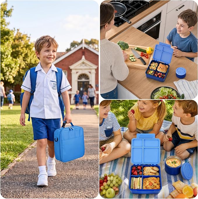 Bento Lunch Box Set with 8 oz Soup Thermo, Kids Leakproof 4 Compartments Hot Food Container with Sauce Cup, Ice Pack and Lunch Bag, Child Insulated Food Jar for School - Blue