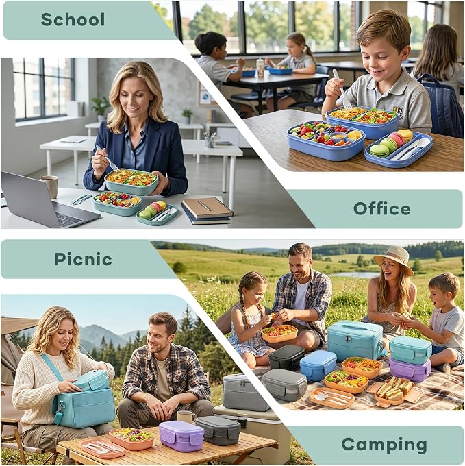 HOMETALL Bento Box Adult with Insulated Lunch Bag - 3 Stackable Leak-Proof Lunch Box Containers for Women & Men - BPA Free Lunchbox with Utensil Set (Spoon, Knife, Fork) for Work, Picnic, Dining Out