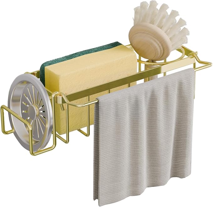 TAILI 4-in-1 Sponge Holder for Kitchen Sink with Strong Suction Cup-Gold | Removable Rustproof 304 Stainless Steel Multi-compartment Sponge Holder with Suction Cup, Keeps Brushes & Scrubbers Tidy