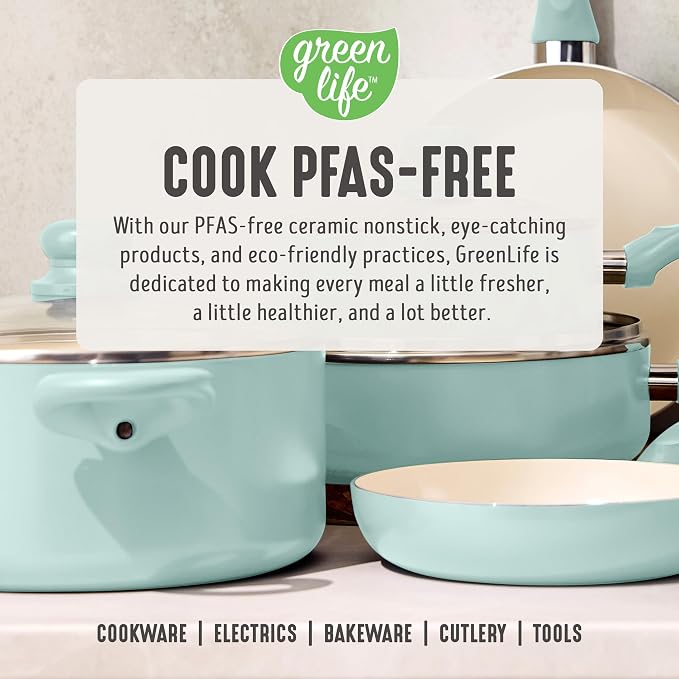 GreenLife 2QT Ceramic Nonstick Saucepan with Lid, Mint Green | PFAS-Free Ceramic Nonstick Coating, Soup Pot, Induction Ready, All Stovetop Compatible, Stay-Cool Handles, Dishwasher Safe