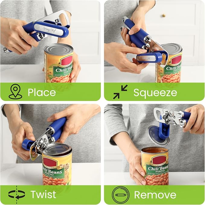 Spring Chef Stainless Steel Manual Can Opener w/Soft Grip Handle, Sapphire | Heavy Duty Hand Can Opener for Seniors with Smooth Edge, Easy Turn, 3in1 Can Opener with Magnetic Lid Remover & Bottle Opener
