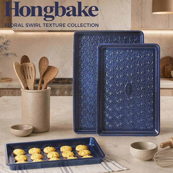 Nonstick Baking Sheet Pan Set of 3, Cookie Sheets for Oven, Non-Toxic, Blue | Half, Quarter & Jelly Roll Pans, Floral Swirl Texture, Heavy-Duty 0.8mm Carbon Steel, Even Heat Distribution
