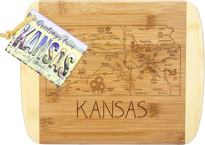 Totally Bamboo A Slice of Life Kansas Engraved Map Cutting Board | 11” x 8.75” charcuterie board with engraved state map artwork. Smooth reverse side for food prep. Hang tie for wall display.