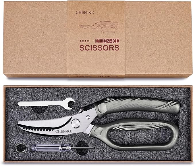 CHEN-KE Rust Resistant Heavy Duty Multipurpose Kitchen Shears-Grey | Stainless Steel Kitchen Scissors, One-Hand, Ergonomic Grip, Sharp Durable Poultry Scissors for Chicken, Meat, Food Cutting
