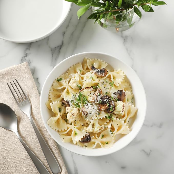 Martha Stewart Selma Pasta Bowls Set of 6, 43oz White Porcelain Soup Bowls & Salad Bowl, Wide and Shallow, Chip Resistant, Dishwasher & Microwave Safe