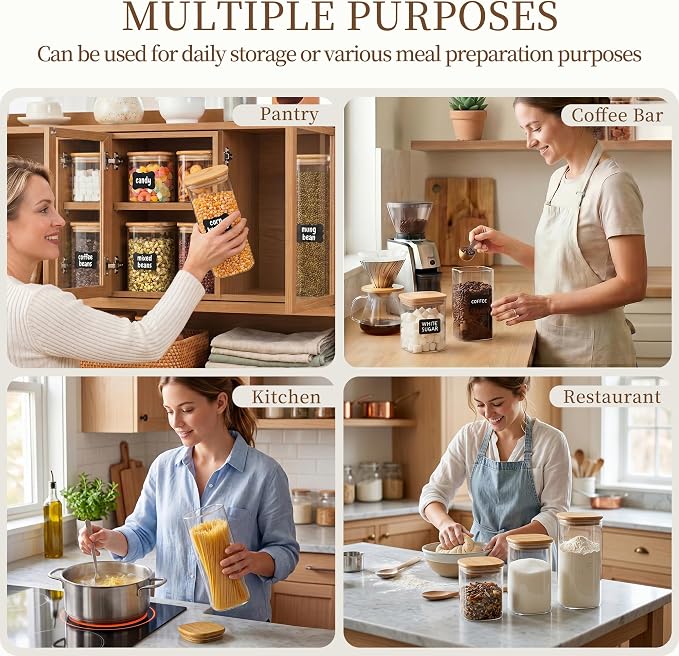 SENTVEND 73 Oz Glass Jars - 3 Pack Food Storage Containers with Lids Square | Food-grade durable clear canister, Bamboo seal cover, Stackable, BPA-Free, Ideal for sorting oats, Coffee beans, Pasta & More