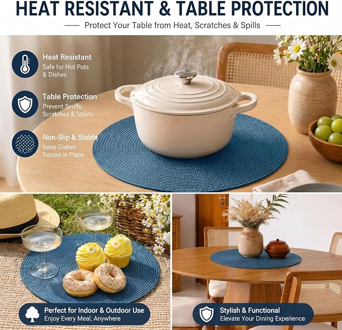 FunWheat Round Braided Placemats Set of 8 Place Mats for Dining Table Woven Washable Non-Slip Table Mats 15 Inch(Blue,8pcs)