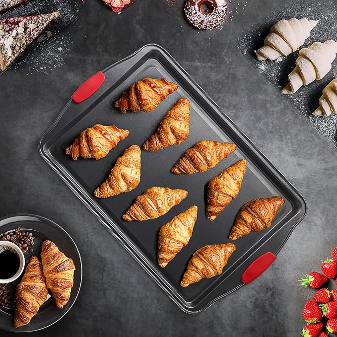 Baking Sheet Set - Cookie Sheet Set with Silicone Handles - Steel Baking Pans Set - Durable Baking Sheets for Oven - BPA Free Cookie Sheets for Baking Nonstick Set - 15 Piece Set, Black