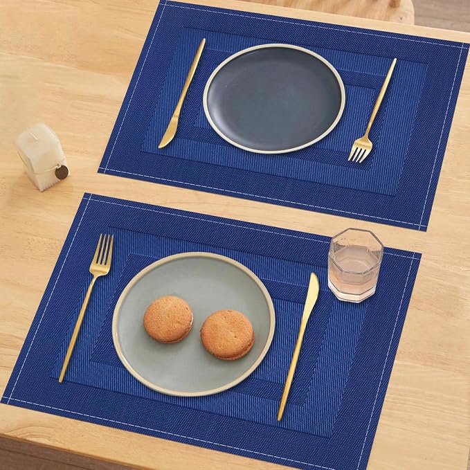 Navy Blue Placemats Set of 4, 12x18 Inch Washable Easy to Clean Heat-Resistant Anti-Skid Grey Placemats for Holiday Party Kitchen Dining Room Decoration