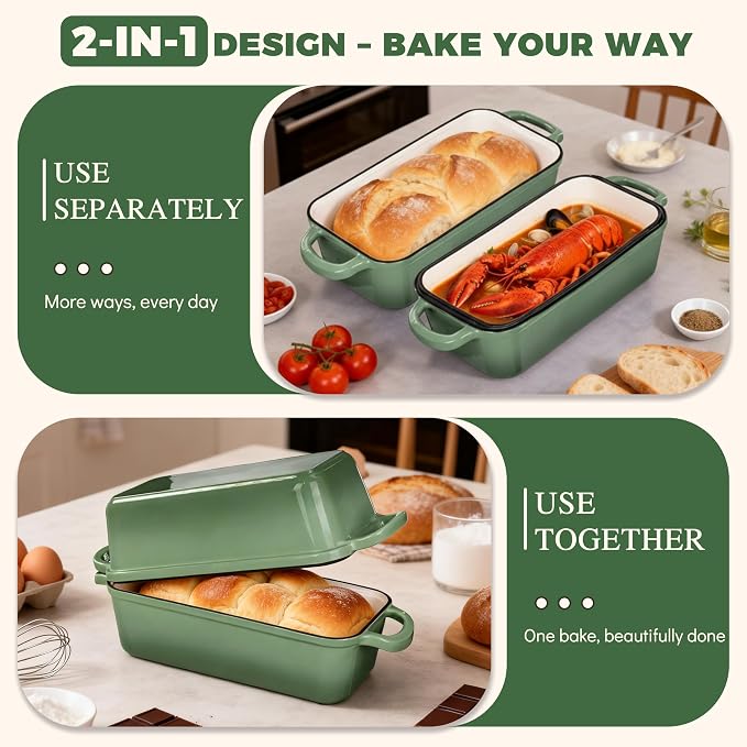 11x5 Inch Cast Iron Bread Pan with Lid, Sourdough Bread Baking | Large Loaf Pans for Baking Bread, Even Heat Distribution Dutch Oven Loaf Pan for Homemade Bread, Meatloaf (5.8Qt, Pistachio)
