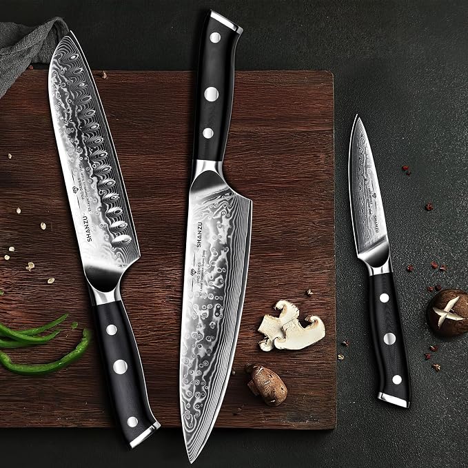 SHAN ZU Damascus Knife Set, Japanese Super Steel 3 PCS Damascus High Carbon Professional Ultra-Sharp Kitchen Chef Knife Set with G10 Handle Gift Box | Damascus High Carbon Professional Ultra-Sharp Kitchen Chef Knife Set with G10 Handle Gift Box