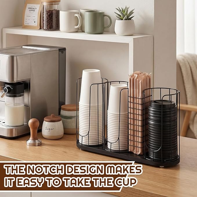 18oz Adjustable Coffee Cup Dispenser with Wooden Base, Cup and Lid Holder, Cups Holder Organizer for Coffee Pod Straw and Lid Storage(4-compartment Single,Color 7)