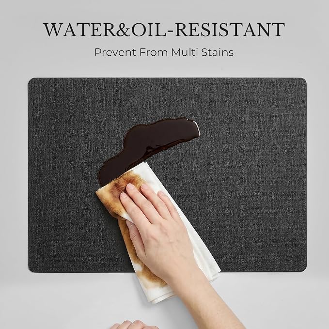 Romanstile Vinyl Placemats Set of 4, Reversible Faux Leather Heat Resistant Wipeable Table Mats, Waterproof Washable Non-Slip Table Placemats for Dining/Kitchen/Party/Outdoor (Black, 12" x 17")