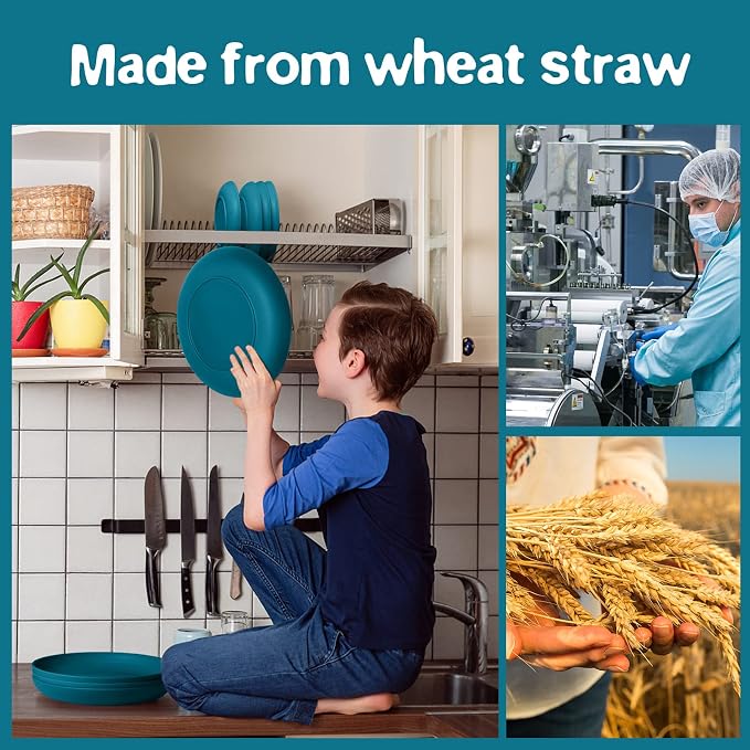 Teivio 32-Piece Plates and Bowls Sets for 8, Wheat Straw Dinnerware Sets | 13.5oz Cups, Plastic Unbreakable Dish Set, Dishwasher, for Outdoor Camping RV Kitchen Dinning Dorm Essentials, Dark Teal
