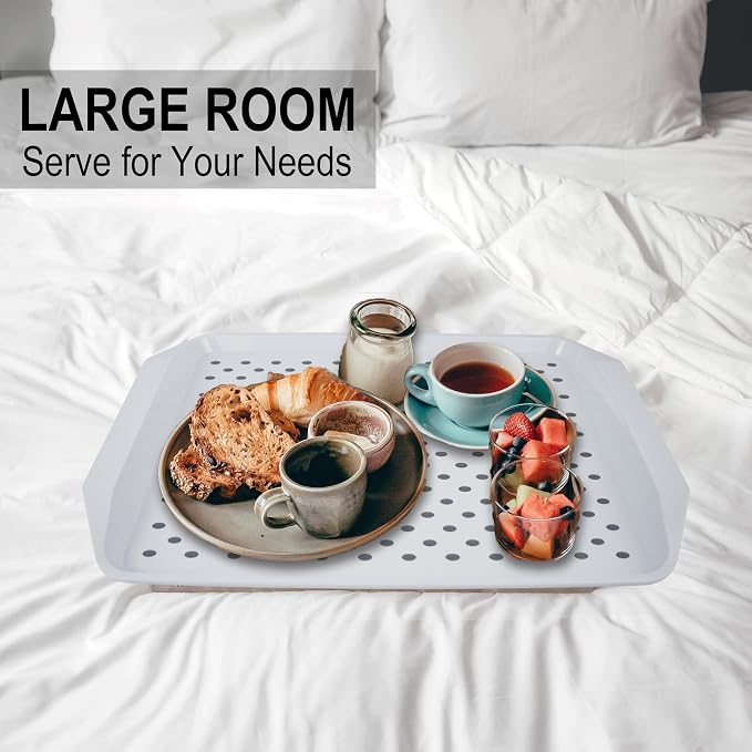 KAQAHIDO Large Non Slip Serving Tray with Grippy Dots, White, Set of 2 | TV Lap Trays for Eating on Couch, Meal Serve for Dinner Breakfast, Rectangular Food Carrying for Plates, Glasses, Dishes